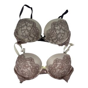 (2) Victoria's Secret 32D Dream Angels Push Up Lacy Beige Ivory Padded Bras Lot